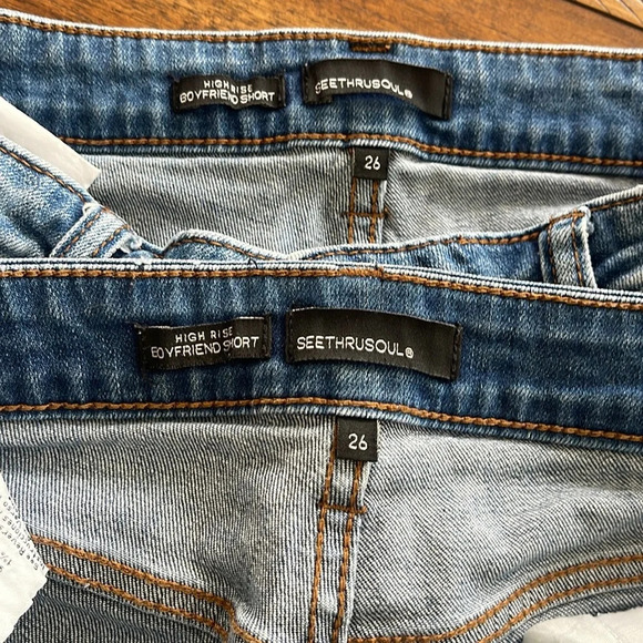 See Thru Soul 2 blue denim jean high rise boyfriend shorts sz 26 distressed raw - Picture 14 of 16